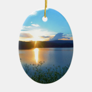 Blue sunset on lake ceramic ornament