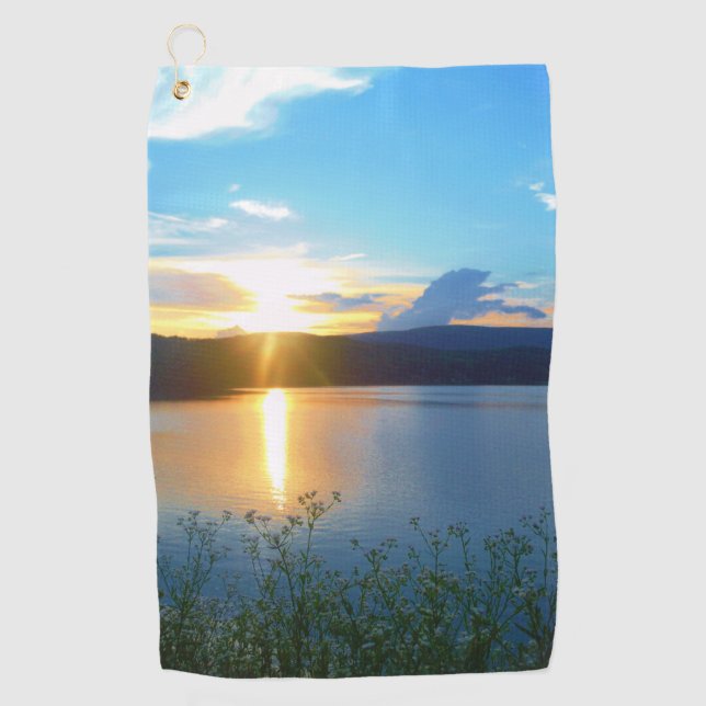 Blue sunset on lake golf towel (Front)