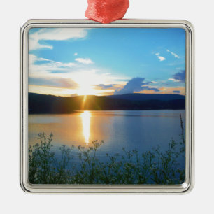 Blue sunset on lake metal ornament