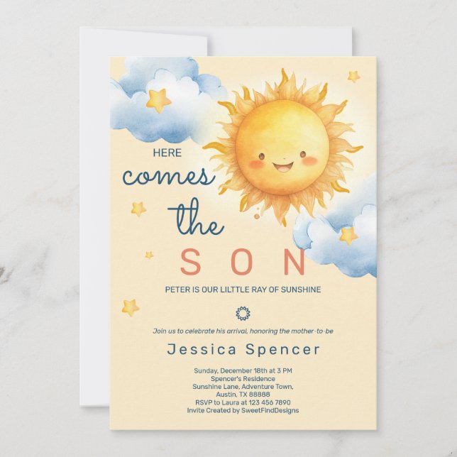 Blue Sunshine Sun Here Comes the Son Baby Shower Invitation (Front)