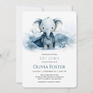 Blue Superhero Elephant Baby Shower Invitation