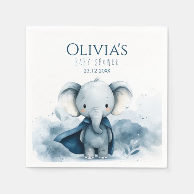 Blue Superhero Elephant Baby Shower Paper Napkin (Front)