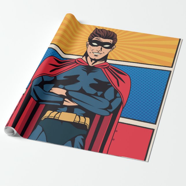 Blue superhero wrapping paper (Unrolled)