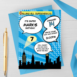 Blue Superheros Comic Book Styled Birthday Party Invitation