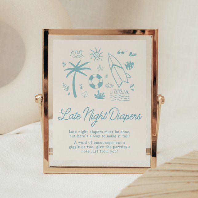 Blue Surf Baby on Board Late Night Diapers Poster (Blue Surf Baby on Board Baby Shower Late Night Diapers Sign)