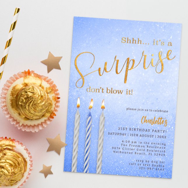 Blue Surprise Birthday Invitation – Gold Candle  (Surprise Birthday Party Invitation)