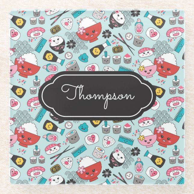 Blue Sushi Kawaii Kitchen Glass Coaster (Front)