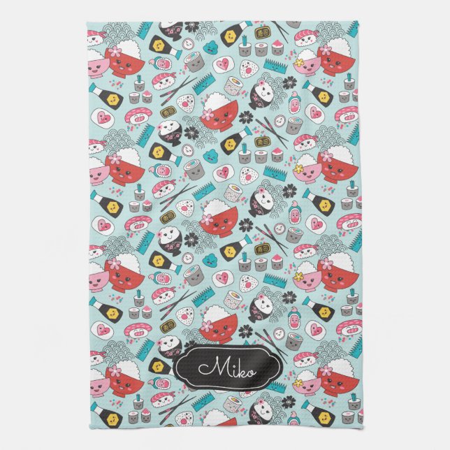 Blue Sushi Personalised Cute Pattern Tea Towel (Vertical)
