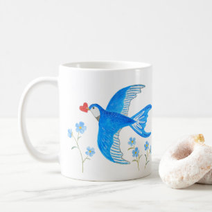 Blue Swallow Carrying Red Heart Bird Folk Art Coffee Mug