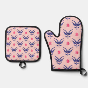 Blue Swallow & Pink Heart Oven Mitt & Pot Holder Set