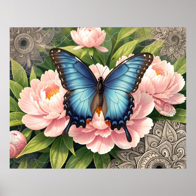 Blue Swallowtail Butterfly Floral Botanical Art Poster (Front)