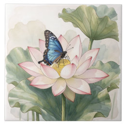  Blue Swallowtail Butterfly With Lotus Flower Art Ceramic Tile