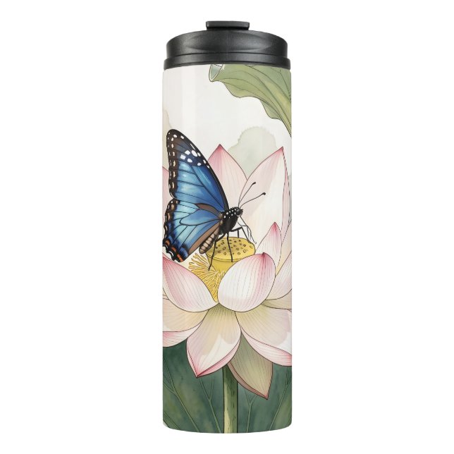  Blue Swallowtail Butterfly With Lotus Flower Art Thermal Tumbler (Front)