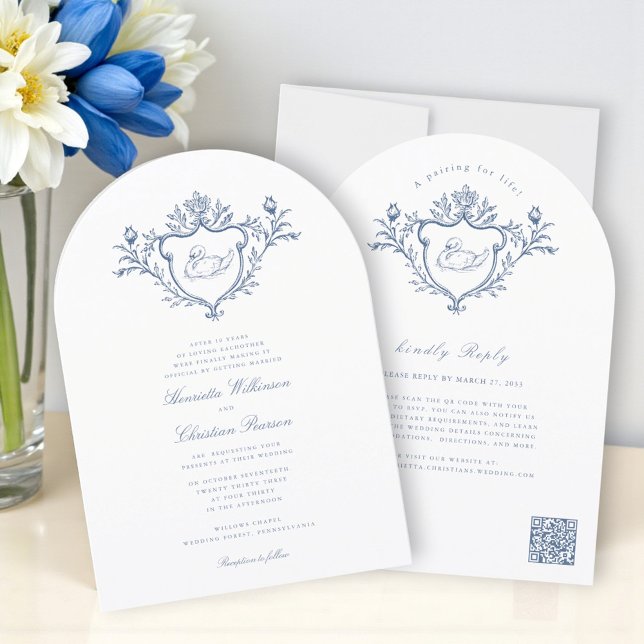 Blue Swan Crest Toile Wedding All in One  Invitation (Creator Uploaded)