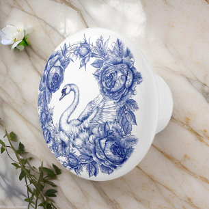 Blue Swan Rose Floral Border Ceramic Knob