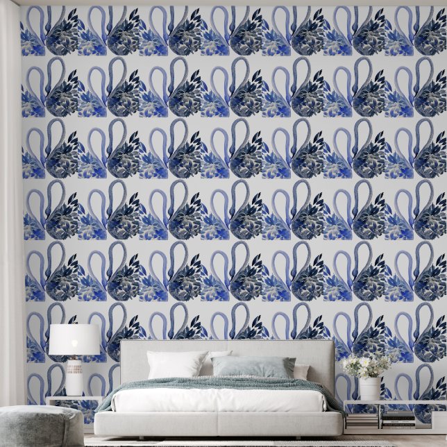 Blue Swans Watercolor Art Wallpaper (Bedroom)