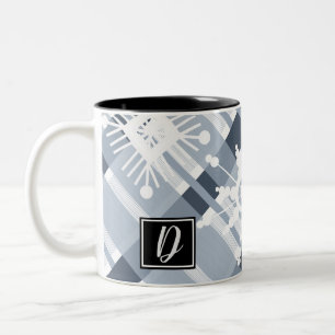 Blue Sweater Plaid Initial Snowflake Christmas Two-Tone Coffee Mug