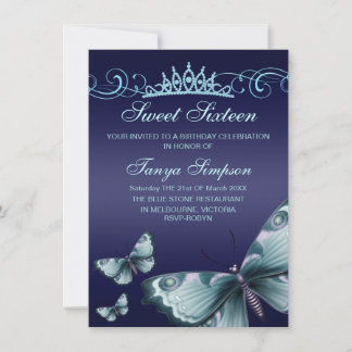 Blue Sweet16 Butterfly & Tiara Birthday Invite