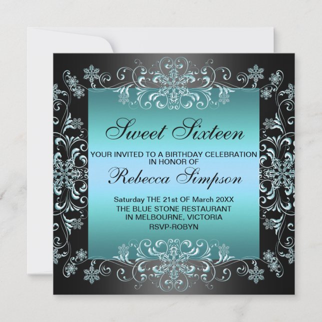 Blue Sweet16 Snow Dust Birthday Invite (Front)