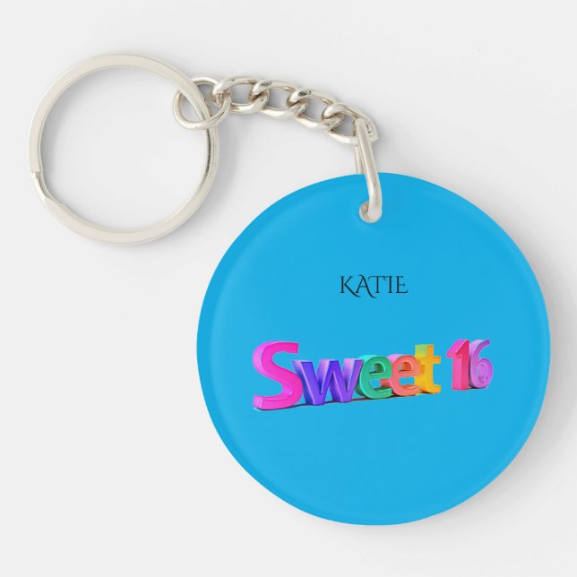 Blue sweet 16 acrylic keychain, custom name. key ring (Front)