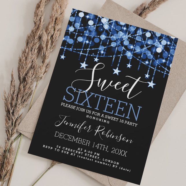 Blue Sweet 16 Birthday Sparkly String Lights Invitation (Blue Sweet 16 Birthday Sparkly String Lights Invitation)