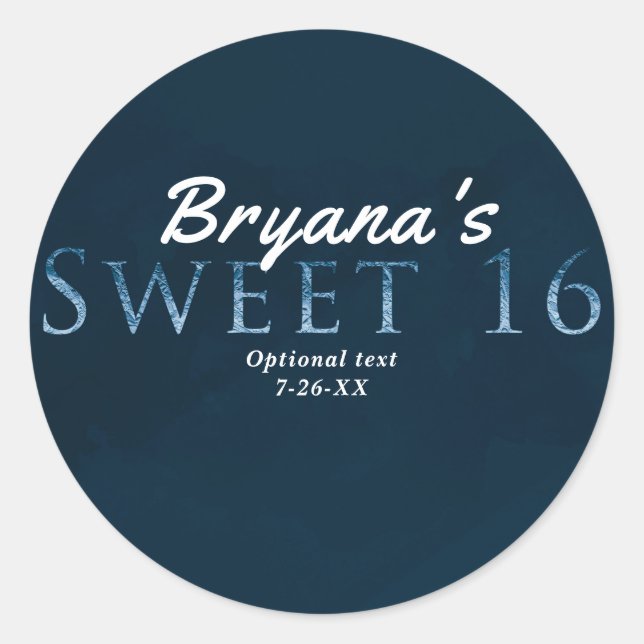 Blue SWEET 16 Chic Elegant Birthday Party Favour Classic Round Sticker (Front)