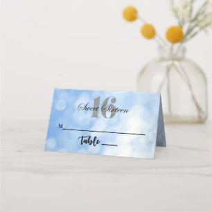 Blue Sweet 16 Glitter Lights Custom Place Card