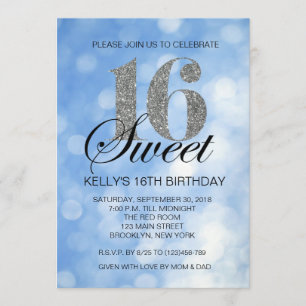 Blue Sweet 16 Silver Glitter Lights Invitation