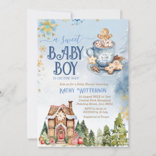 Blue Sweet Baby Boy Gingerbread House Baby Shower Invitation