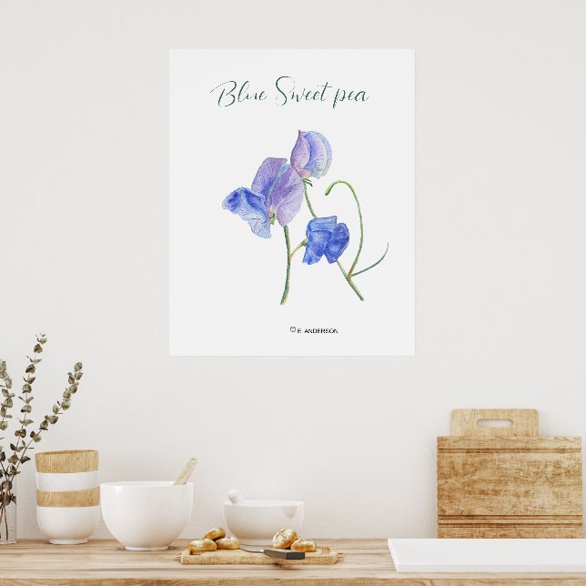 Blue sweet flowers botanical watercolor poster (Kitchen)