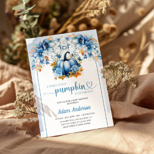 Blue Sweet Little Pumpkin Baby Shower Invitation 