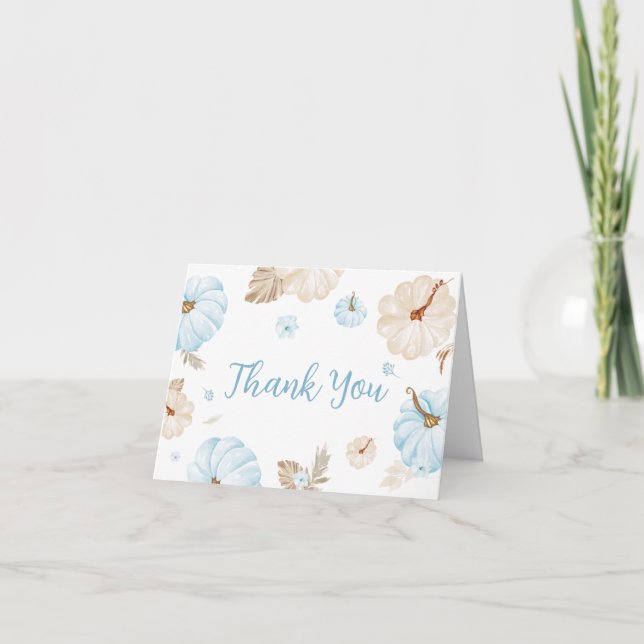 Blue Sweet Little Pumpkin Fall Baby Shower Thank You Card (Front)