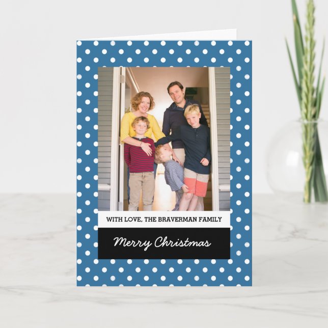Blue Sweet Polka Dot Holiday Photo Greeting Card (Front)