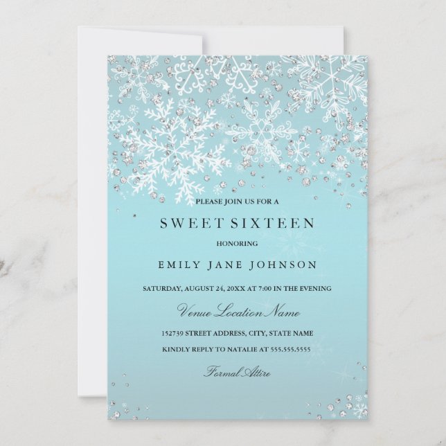 Blue Sweet Sixteen Winter Wonderland Snowflakes Invitation (Front)