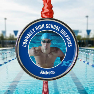 Blue Swim Team Photo Swimmer Christmas Gift Metal Ornament