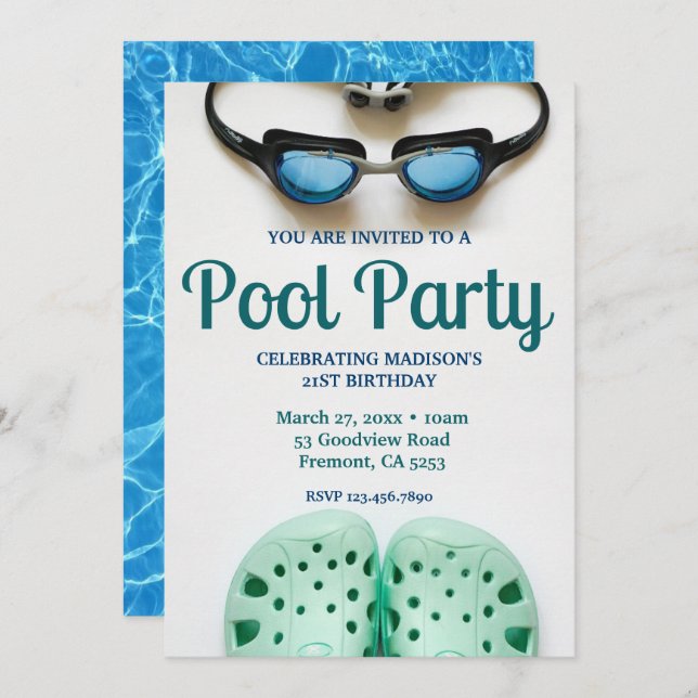Blue Swimming Goggles Birthday Pool Party Invitation (Front/Back)