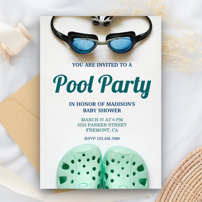 Blue Swimming Goggles Pool Party Baby Shower Invitation (Creator Uploaded)