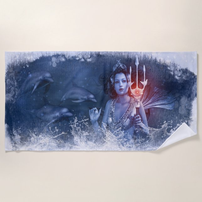 Blue Swimming Mermaid Beach Towel (Front)
