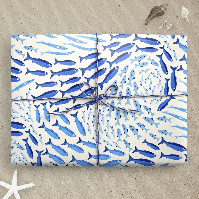 Blue Swimming Ocean Fish - Light Wrapping Paper (Blue Swimming Ocean Fish - Light wrapping paper gift mockup)