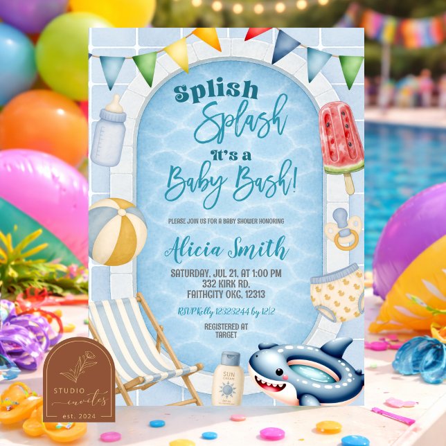 Blue Swimming Pool Boy Baby Shower bash invitation (Creator Uploaded)