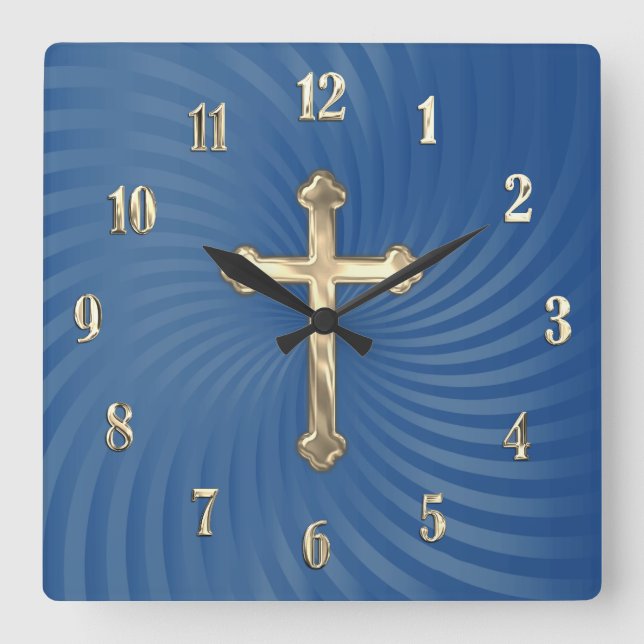 Blue Swirl Background Gold Cross Square Wall Clock (Front)