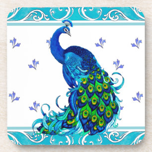 Blue swirl Border and Peacock Design Coaster