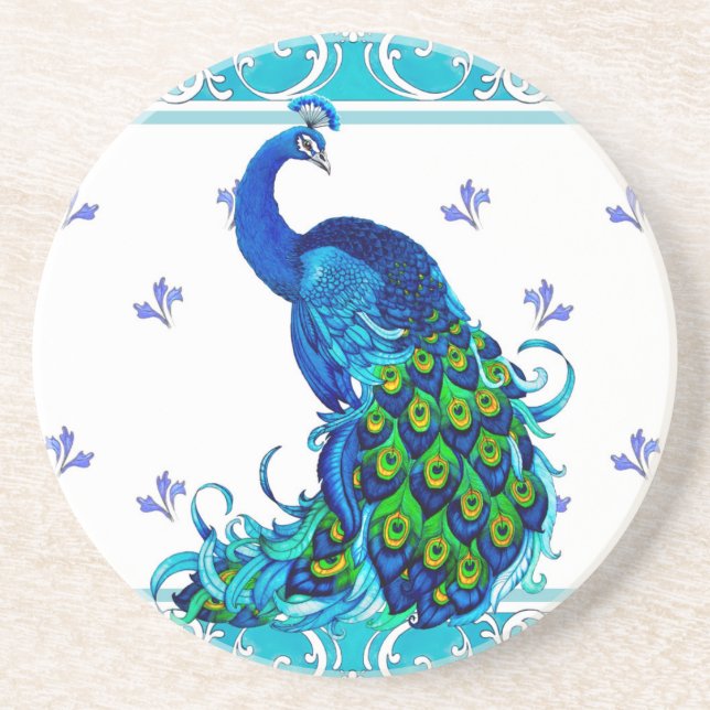 Blue swirl Border and Peacock Design Coaster (Front)