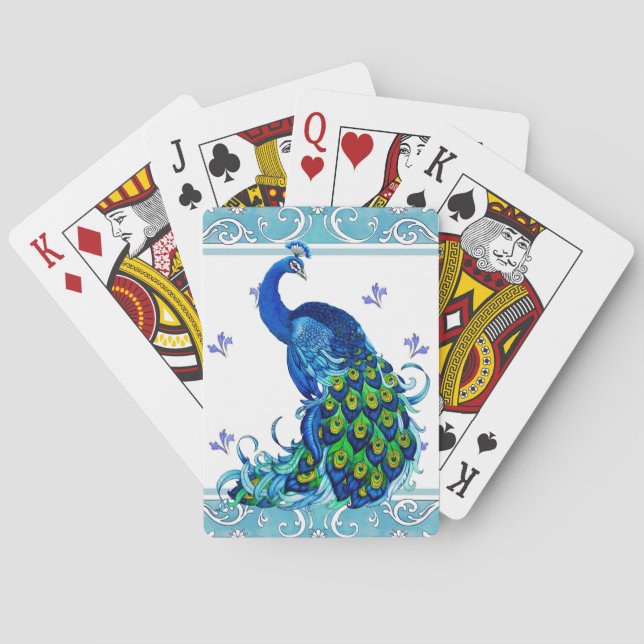 Blue swirl Border and Peacock Design Playing Cards (Back)