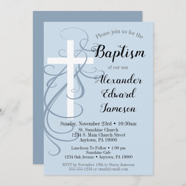 Blue Swirl Cross Baptism Invitation Boy's (Front/Back)