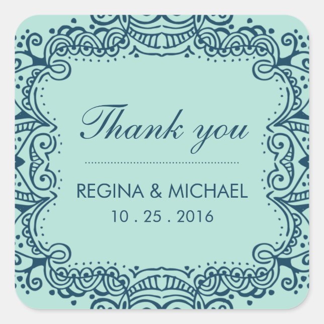 Blue Swirl Curl Wedding Favour Thank You Sticker (Front)