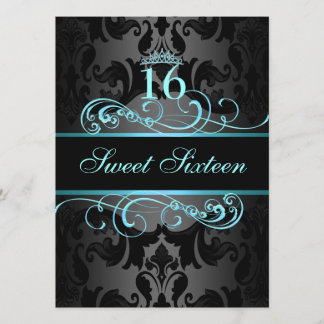 Blue Swirl Damask Sweet16 Birthday Invite