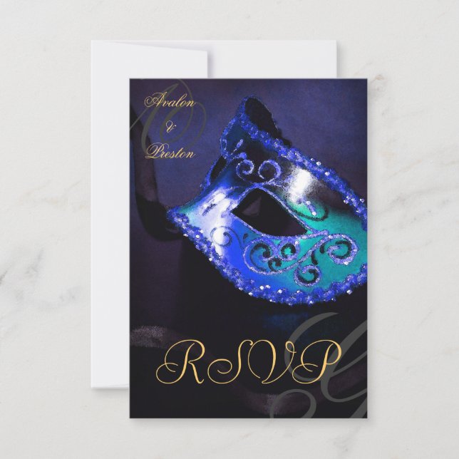 Blue Swirl Masquerade Mask RSVP Invitation (Front)