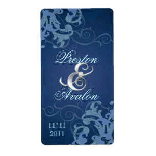 Blue Swirl Silver Jewelled Wedding Wine Label