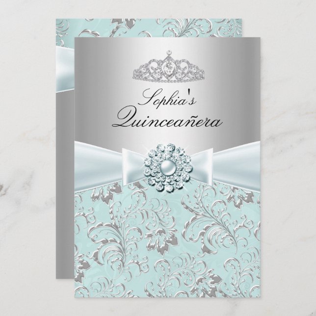 Blue Swirl Tiara Quinceanera Announcements (Front/Back)